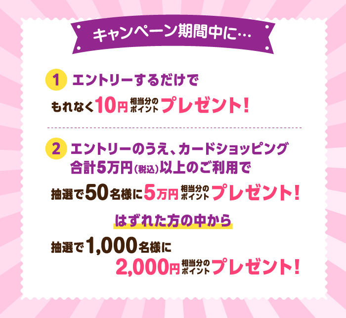 キャンペーン期間中に…
①エントリーするだけで
もれなく10円相当分のポイントプレゼント！
②エントリーのうえ、カードショッピング合計5万円（税込）以上のご利用で
抽選で50名様に5万円相当分のポイントプレゼント！
はずれた方の中から
抽選で1,000名様に2,000円相当分のポイントプレゼント！